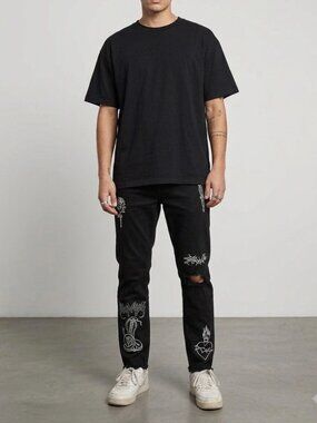 Broken Promises Ultra Slim Men's Black Graphic Jeans Sz 32 Emo Goth Thrashed Y2K